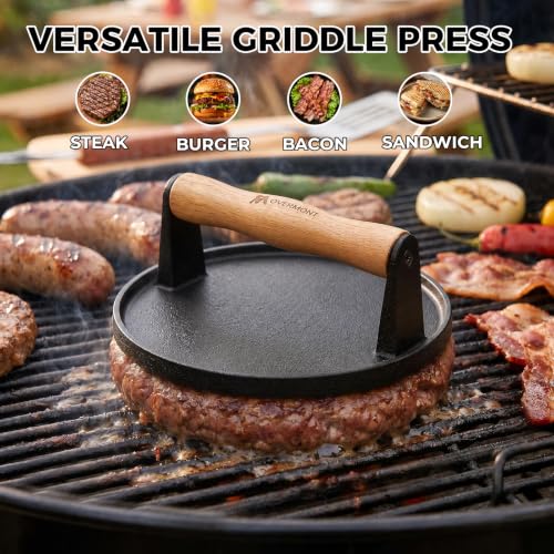 Overmont 7" Round Smash Burger Press - Cast Iron Smasher with Patty Paper | Heavy-Duty Hamburger Bacon Meat Press with Wood Handle Flat Bottom, Pre-Seasoned Heat Resistant for Griddle Grill Outdoor BBQ