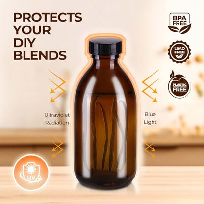 24 Pack 8 OZ Amber Glass Bottles with Lids, Leakproof Glass Bottles for Vanilla extract, Shampoo, Tinctures, Essential Oils, Homemade Hot Sauce, Syrup, Boston Round Brown Bottle - color: Amber