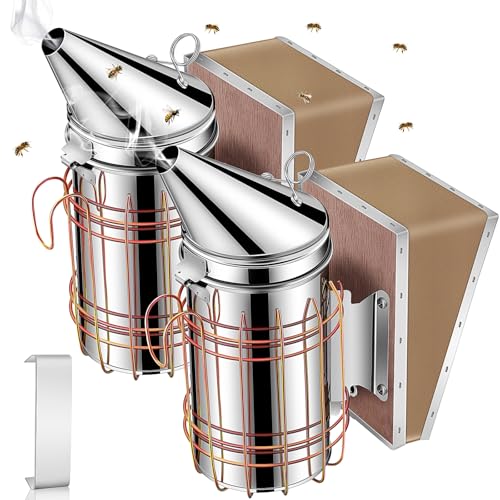 Nuogo 2 Pcs Bee Hive Smokers Stainless Steel Bee Smokers 11.4 Inch Beekeeping Smoker Durable Bellow & Heat Beehive Equipment with Heat Chamber Mounting Hook, Compatible with Smoker Pellets