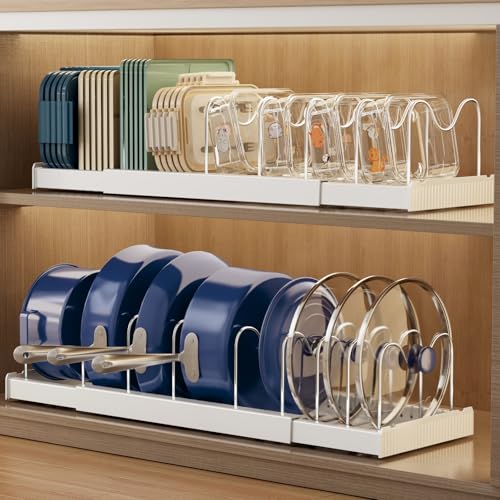 Magheo 2 Pack Expandable Food Storage Container Lid Organizers, 22" Pots and Pans Organizer Under Cabinet with 9 Adjustable Dividers Pot and Pan Lid Holders Rack Inside Cabinet(White) - color: White, size: (2 Pack)22.4"D x 7.9"W x 6.3"H