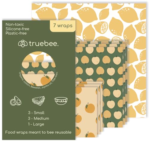 Truebee Reusable Beeswax Food Wraps 7-Pack Summer Orchard – Non Toxic, Plastic Free, Silicone Free, Sustainable, Environmentally Friendly, Organic Cotton Beeswax Wraps (S, M, L) - color: 7 Pack - Summer Orchard