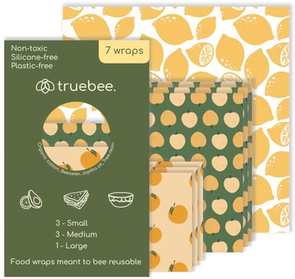Truebee Reusable Beeswax Food Wraps 7-Pack Summer Orchard – Non Toxic, Plastic Free, Silicone Free, Sustainable, Environmentally Friendly, Organic Cotton Beeswax Wraps (S, M, L) - color: 7 Pack - Summer Orchard