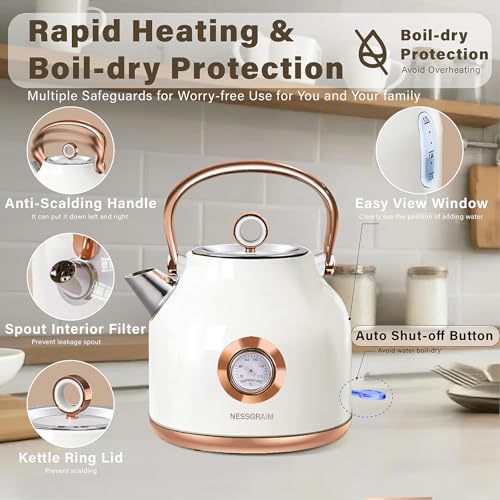 Retro Electric Kettle, 1.7L Stainless Steel Tea Kettle with Large Temperature Gauge, 1500W Fast Heating Hot Water Boiler with LED Indicator, Auto Shut-off & Boil-Dry Protection-Reteo White - color: Retro White
