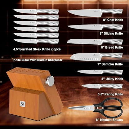 imarku 14-Piece Knife Set with Block, High Carbon Stainless Steel Kitchen Knives with Built-in Sharpener, Dishwasher Safe, Ergonomic Non-Slip Handle, Perfect for Home Cooks & Chefs, Brown - color: Light Brown