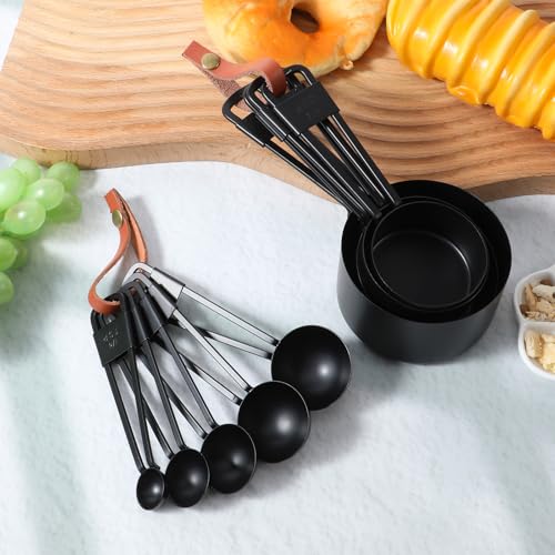 9 PCS Black Stainless Steel Measuring Cups and Spoons Set, Nesting Metal Measuring Cup with Ring Connector for Liquid and Dry Ingredients, Cooking and Baking (Black) - color: Black