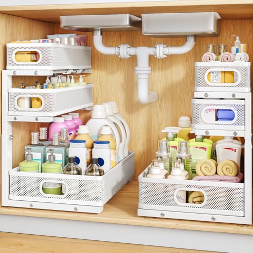 Under Sink Organizer, 2-Pack 3-Tier Thickened Metal Pull out Cabinet Organizer Shelf, Height Adjustable Slide out Storage Drawer Rack for Kitchen Bathroom Pantry Laundry Home Organization, White - color: White, size: 2-Pack