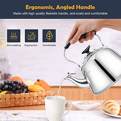 Tea Kettle Stovetop Whistling Teakettle ClassicTeapot Stainless Steel Tea Pots for Stove Top with Heat-resistant Folding Handle Mirror Finish, 2 liters | Premium Food Grade Stainless Steel Whistling Tea Kettle with Heat-Resistant Folding Handle for Fast B
