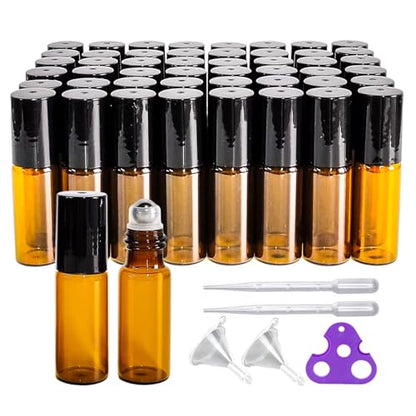 50 PCS 5ml Amber Glass Roller Bottle,Essential Oil Sample Vials with Stainless Steel Roller Ball,Black Caps,for Travel Perfume Cosmetics Small Container(2 Funnels, 2 Dropper, 1 Opener) (5ml) - size: 5ml