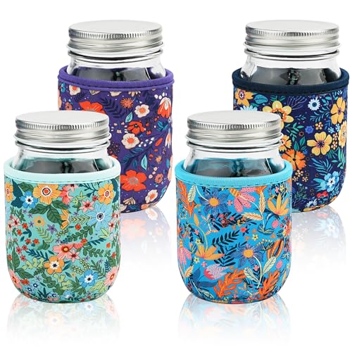 KJQJLY 4 Pcs Mason Jars Sleeves Neoprene 16 oz Regular and Wide Mouth Mason Jar Sleeves Holder with Handle (Flowers, 16 OZ) - color: Flowers, size: 16 OZ