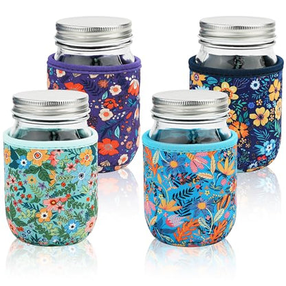 KJQJLY 4 Pcs Mason Jars Sleeves Neoprene 16 oz Regular and Wide Mouth Mason Jar Sleeves Holder with Handle (Flowers, 16 OZ) - color: Flowers, size: 16 OZ