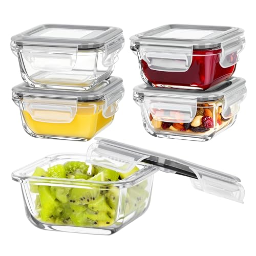 Vtopmart 5Pack 5oz Small Glass Storage Containers with Lids, Glass Meal Prep Food and Sauce Container Sets with Snap Airtight Lid for Microwave, Oven, Freezer and Dishwasher, Grey - color: Grey, size: 5oz