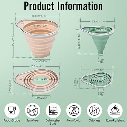 Stainless Steel Rim Silicone Collapsible Funnel Set, 2 Pack Large & Small Wide Mouth Kitchen Funnels for Mason Jar Canning, Bottle Filling, Food Grade Liquid & Powder Transfer