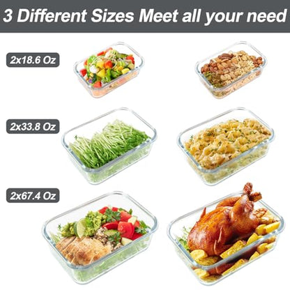 M MCIRCO 67.4oz(8.3 cup), 33.8oz(4.2 cup)& 18.6oz(2.1 cup) Extra Large Glass Food Storage Containers Set with Lids, 6 Pack Airtight Glass Storage Container for Microwave,Oven,Freezer Dishwasher - size: 6pcs