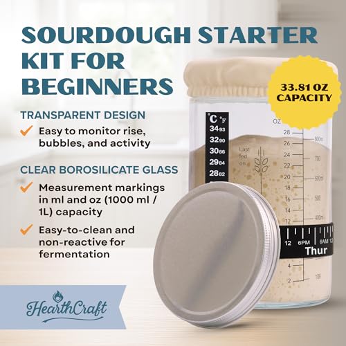 Sourdough Starter Jar Kit 34oz - Wide Mouth Glass Jar with Thermometer Strip, Feeding Day Tracker, Silicone Spatula, Cloth Cover, Measuring Cups & Metal Lid for Homemade Artisan Sourdough Bread Baking