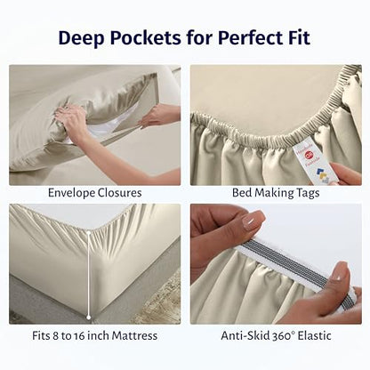California Design Den Certified 100% Egyptian Cotton Percale Sheets Queen Size Set - Lightweight, Deep Pocket Queen Cotton Sheet Set, Crisp & Durable Luxury Bedding Set - Beige - color: Beige, size: Queen