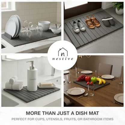 Large Stone Drying Mat for Kitchen Counter | 24"x16" | Fast Drying Collapsible Diatomaceous-Earth Mat | Super Absorbent Folding Mat for Dishes, Bottles, Glass, Heat-Resistant, Non-Slip (Dark Gray) - color: Dark Gray