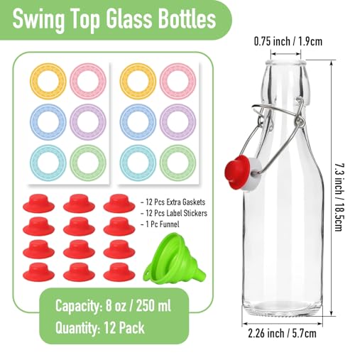 NEWMIAO 12 Pack 8 oz Swing Top Glass Bottles, 250 ml Glass Beer Bottles with Airtight Flip Lids Rubber Seal for Vanilla Extract, Home Brewing, 2nd Fermentation, Kombucha, Juice, Soda, Limoncello