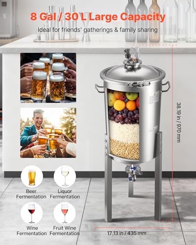 VEVOR Pressure Fermenter 15 PSI, 8 Gal/30L All-in-One Stainless Steel Conical Secondary Fermentation Bucket, for Wine, Beer Brewing Equipment - size: 8 Gal-Fermenter2.0