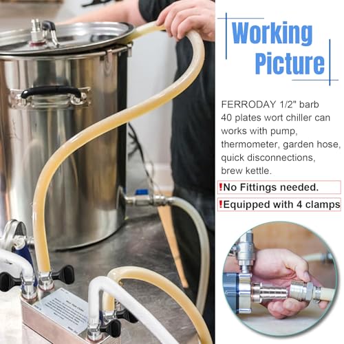 FERRODAY 40 Plate Wort Chiller, 1/2 Barb Fitting Brazed Plate Heat Exchanger, Stainless Steel Homebrew Plate Wort Chiller, Beer Chiller Wort Cooler Heat Exchanger For Brewing-7.5" x 3.8"