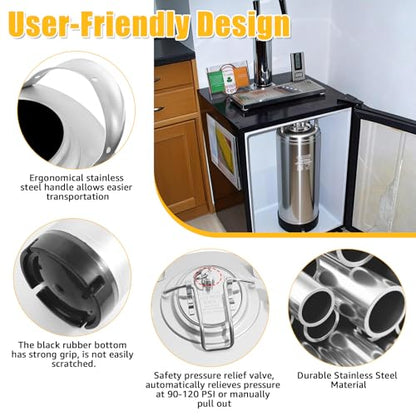 New 5 Gallon Corny Keg- Food Grade Stainless Steel Cornelius Keg with Ball Lock Quick Disconnect Set & Extra Lid Gaskets, Home Brew Beer Keg Equipment for Carbonating & Serving