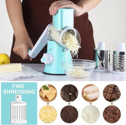 Cambom Rotary Cheese Grater Hand Crank Cheese Shredder for Fresh Cheese, Vegetable, Nuts,Non-slip Suction Base，Three Blades,Blue - color: Blue, size: 3 BLADES
