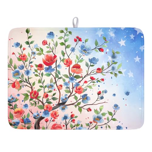 4th of July Dish Drying Mat 24x18 Inch, Patriotic Drying Mat with Absorbent Reversible Microfiber, Independence Day Dish Drainer Mats Memorial Day Rack Pad for Coffee Countertop Kitchen Protector - color: Patriotic Floral Blue Red, size: 24" x 18"