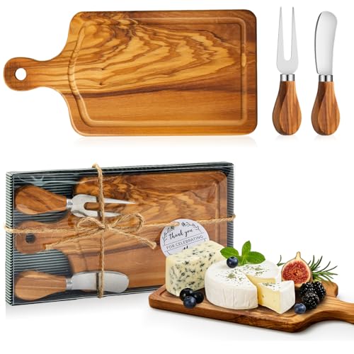 Ziliny 1 Set Bridal Baby Shower Cheese Prizes Wooden Square Board Gift Set Knives Forks Thank You Tags with Box for Guests for Valentines Bridal Baby Shower Housewarming (Olive Wood) - color: Olive Wood Color