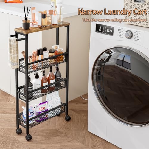 AZERPIAN Slim Rolling Cart 4 Tier Narrow Storage Cart on Wheels with MDF Board Top and Metal Handle for Small Space Kitchen Living Room Home Office Pantry Bathroom Laundry Room(16.54×5.12×30.31 inch) - size: 16.54 x 5.12 x 30.31 inch