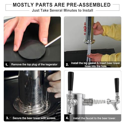 Kegerator Tower Double Tap Beer Tower Dual Faucet Beer Tower Stainless Steel 3'' Flange Beer Tower Dispenser Beer Tap Kegerator Parts with Pre-Assembled Tubing and Self-Closing Springs - size: Double Tap
