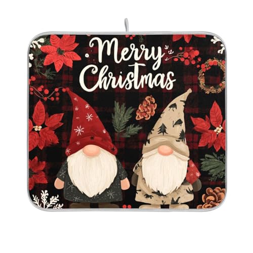 Checkered Christmas Floral Gnomes Dish Drying Mat for Kitchen Counter Drainer Rack Mats for Dishes Washable Absorbent Draining Heat Resistant Pad for Countertop 16 x 18 - color: Checkered Christmas Floral Gnomes, size: 16'' x 18''
