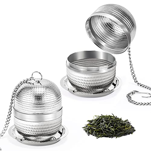 Yoassi 2 Pack Tea Infusers for Loose Tea, Extra Fine Mesh 18/8 Stainless Steel Tea Strainers, Loose Leaf Tea Steeper Tea Ball Tea Diffuser Tea Holder with Extended Chain Hook and Drip Tray - size: Round 2 Pack