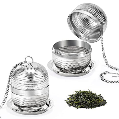 Yoassi 2 Pack Tea Infusers for Loose Tea, Extra Fine Mesh 18/8 Stainless Steel Tea Strainers, Loose Leaf Tea Steeper Tea Ball Tea Diffuser Tea Holder with Extended Chain Hook and Drip Tray - size: Round 2 Pack