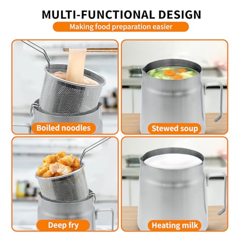68oz Stainless Steel Oil Filter Pot with Deep Fryer Basket, Stovetop Fryer | Steel Pour Fryer for Fries, Kitchen Large Capacity Versatile Oil Strainer Vessel and Bacon Grease Saver for Cooking Grease