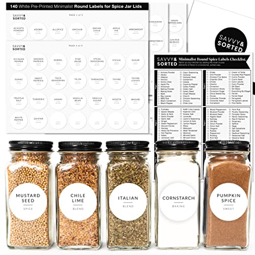 Round Spice Labels Stickers for Glass Jars - 140 Preprinted Waterproof Spice Jar Labels Stickers for Top of Lids, Seasoning Labels Only, Kitchen Pantry Organization - style: White Round Spice Labels