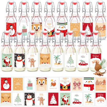 Havawish 16 Pcs Merry Christmas 8 oz Coquito Swing Top Glass Bottles with Airtight Cap Lids Labels Clear Flip Top Bottles with Stoppers for Homemade Christmas Home Brewing Beer Beverages(Cute) - style: Cute