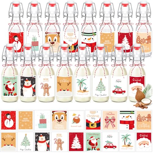 Havawish 16 Pcs Merry Christmas 8 oz Coquito Swing Top Glass Bottles with Airtight Cap Lids Labels Clear Flip Top Bottles with Stoppers for Homemade Christmas Home Brewing Beer Beverages(Cute) - style: Cute