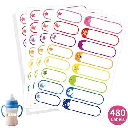 480 Pcs Labels for Kids Stuff Daycare, Waterproof Baby Name Label, Washable Bottle Labels, Reusable Self-Adhesive Tag Stickers for School Essentials, Self-Laminating Write-on - style: Animal