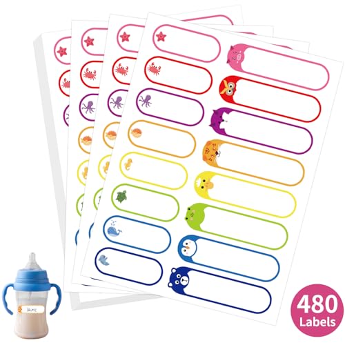 480 Pcs Labels for Kids Stuff Daycare, Waterproof Baby Name Label, Washable Bottle Labels, Reusable Self-Adhesive Tag Stickers for School Essentials, Self-Laminating Write-on - style: Animal