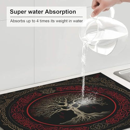Kitchen Drying Mat for Countertop Gothic Tree Of Life Design Non-Slip Kitchen Counter Mat for Dishes Glassware - color: Red Gold