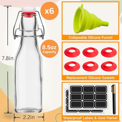 Vanilla Extract Bottles [8.5 oz, 6-Pack] – Flip Top Swing Top Glass Bottles for Homemade Extracts, Kombucha, Coquito, Juice – Airtight Leak-Proof Caps with Funnel, Extra Gaskets, Labels & Marker - size: 8.5oz - 6 Pack