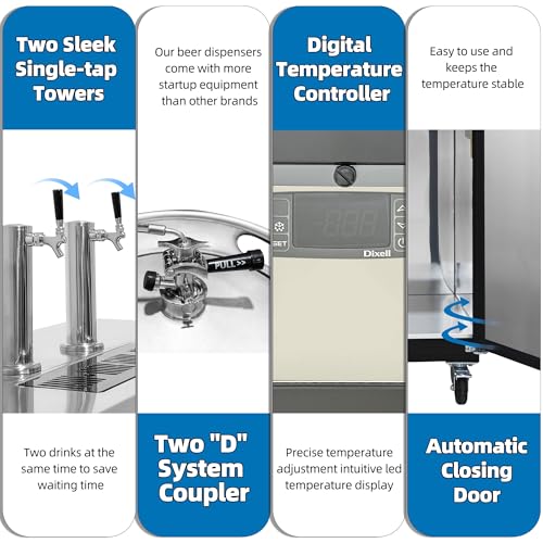 Polarman Commercial Beer Dispenser Two Single-tap Draft Kegerator 2 Door Keg Refrigerator for Bars and Restaurants 61” W Stainless Steel With 2 Coupler, 33°F- 41°F Temperature Control-Direct Draw - size: 61"W Two Single-tap