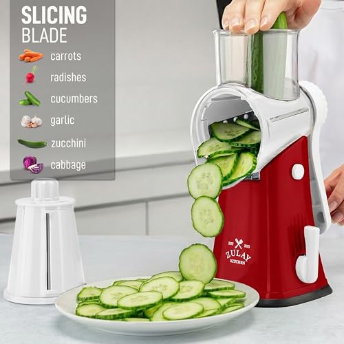 Zulay Kitchen Rotary Cheese Grater 5 Blade Cheese Shredder - Manual Hand Crank Cheese Grater With Reinforced Suction & 5 Interchangeable Drums - Easy to Use, Vegetable Chopper Round Mandoline Slicer - color: White and Red