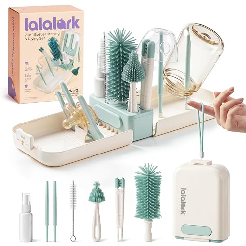 lalalark 7-in-1 Baby Bottle Brush Set, BPA Free Silicone Baby Bottle Cleaning Kit with No Scratch Dual-Headed Brush, Nipple Brush,Soap Dispenser & Drying Rack,Travel Cleaner Set with Storage Case,Mint - color: Mint