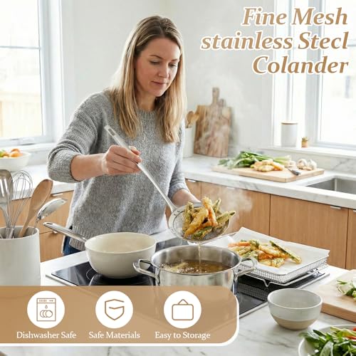 2 Pack Fine Mesh Strainer Stainless Steel Kitchen Sieve - Oil Grease Skimmer Spoon with Long Handle, Small Large Food Strainers for Frying Cooking Soup
