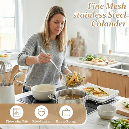 2 Pack Fine Mesh Strainer Stainless Steel Kitchen Sieve - Oil Grease Skimmer Spoon with Long Handle, Small Large Food Strainers for Frying Cooking Soup