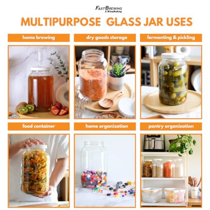 FastRack 8 pack One Gallon Wide Mouth Jar with 10 White Metal Airtight Lids | Glass Canisters with Airtight Lids | Large Mouth Glass Jar with Fermentation Lid for brewing, fermentation and pickling - size: 8 Pack