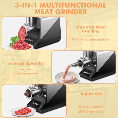 ALTRA LIFE Electric Meat Grinder, 2800W Max Sausage Stuffer with 2 Blades, 3 Plates, Sausage Tube, Vegetable Cheese Grater, 2 Meat Claws, Burger Press & Kubbe Kit for Home use, Built-in Storage