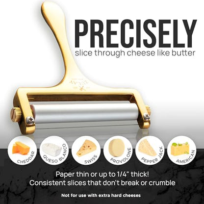 Zulay Kitchen Cheese Slicer With Adjustable Thickness – Heavy Duty Block Slicer with 2 Extra Wires – Ideal for Mozzarella, Cheddar, Gouda - Gold - color: Gold