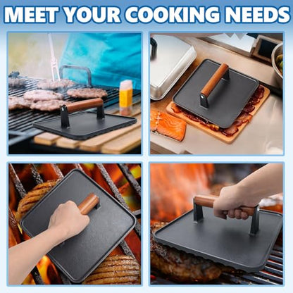 SafBbcue 10" Square Cast Iron Burger Press Smash Burger Griddle Weight Press for Blackstone, Pitboss, Camp Chef Flat Top Grills Accessories, Bacon Press for griddle for Grill Cooking Accessories, 2PCS - style: 10In Press x2