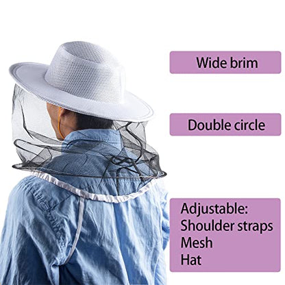 2 in 1 Beekeeping Beekeeper hat and Bee Gloves Insect Bug Mosquito Netting mesh Veil Hood Costumes for Men Women - color: White